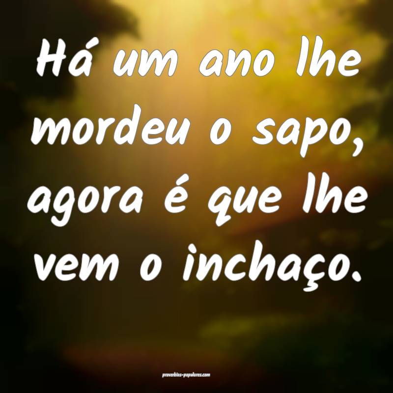 Há um ano lhe mordeu o sapo, agora é que lhe vem o inchaço.
...