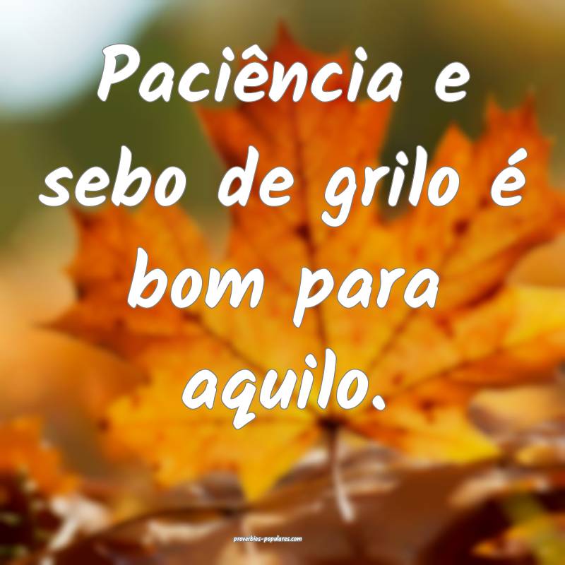 Paciência e sebo de grilo é bom para aquilo.
...