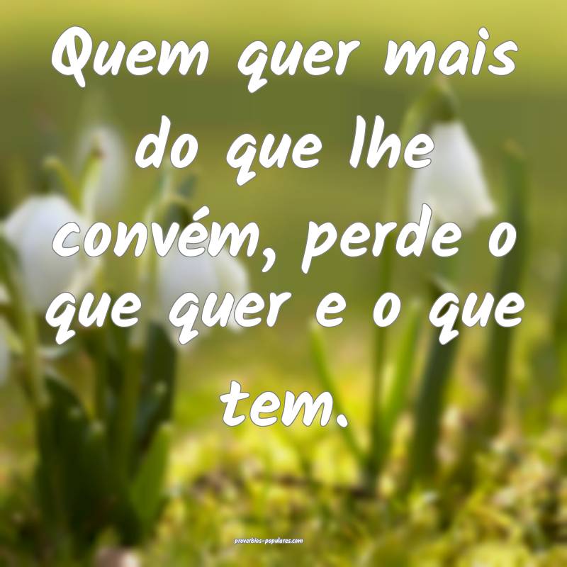 Quem quer mais do que lhe convém, perde o que quer e o que tem.
...
