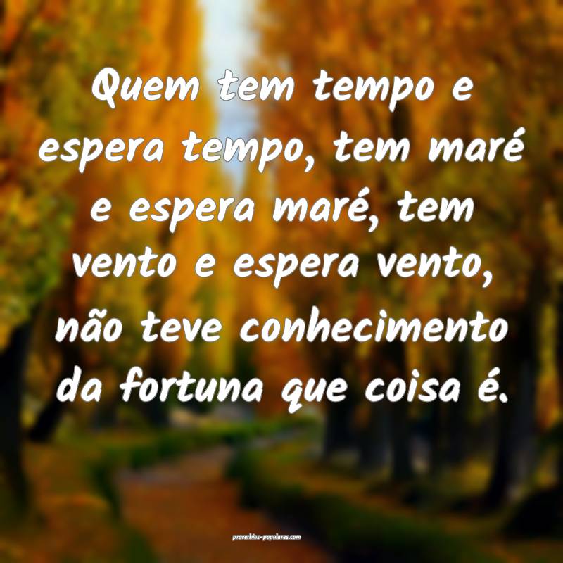 Quem tem tempo e espera tempo, tem maré e espera maré, tem vento e e...