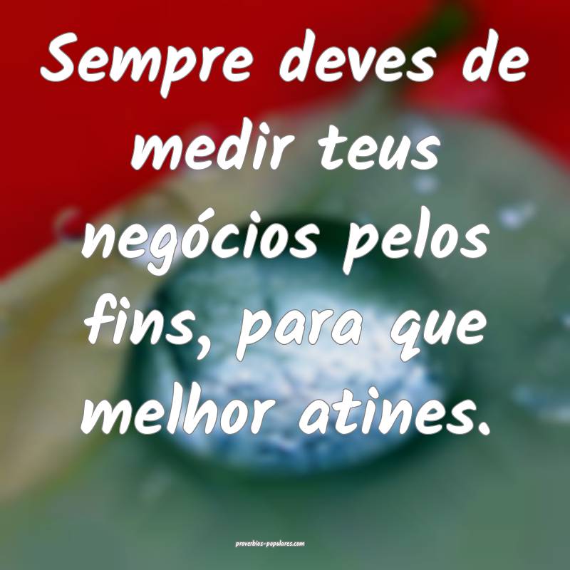 Sempre deves de medir teus negócios pelos fins, p ...