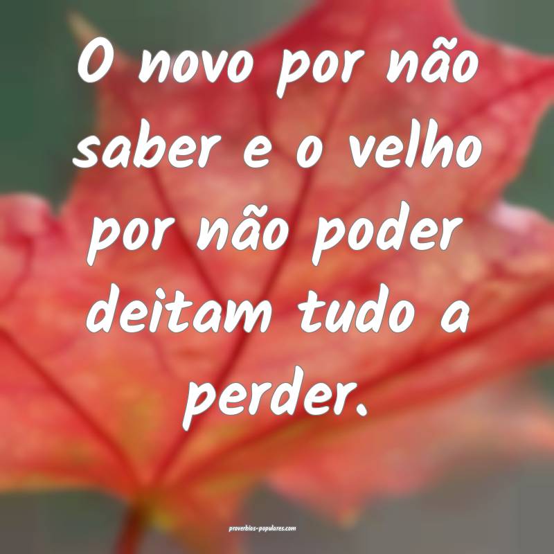 O novo por não saber e o velho por não poder deitam tudo a perder.
...