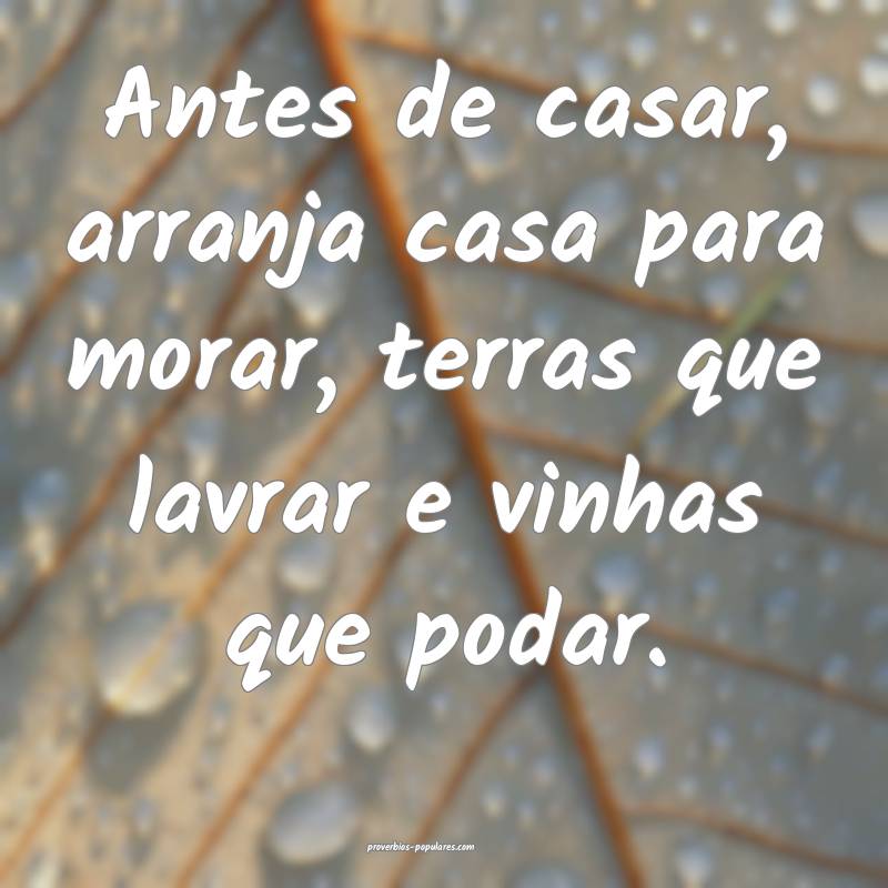 Antes de casar, arranja casa para morar, terras que lavrar e vinhas qu...