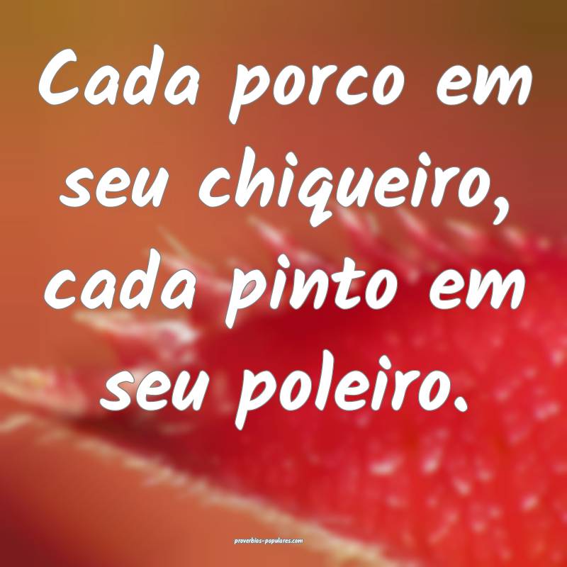 Cada porco em seu chiqueiro, cada pinto em seu poleiro.
...