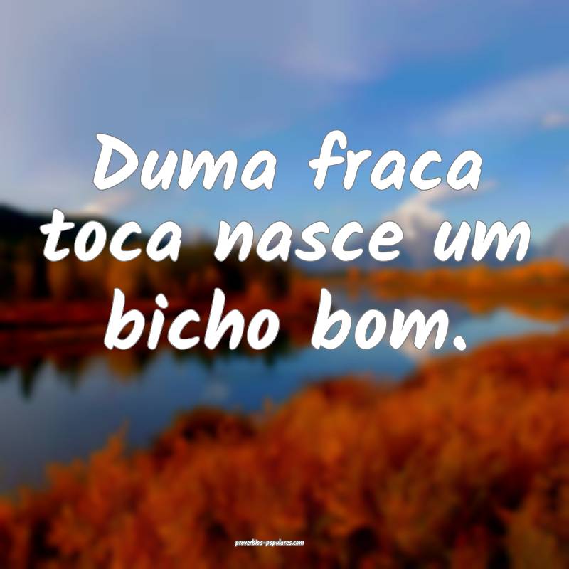 Duma fraca toca nasce um bicho bom.
 ...