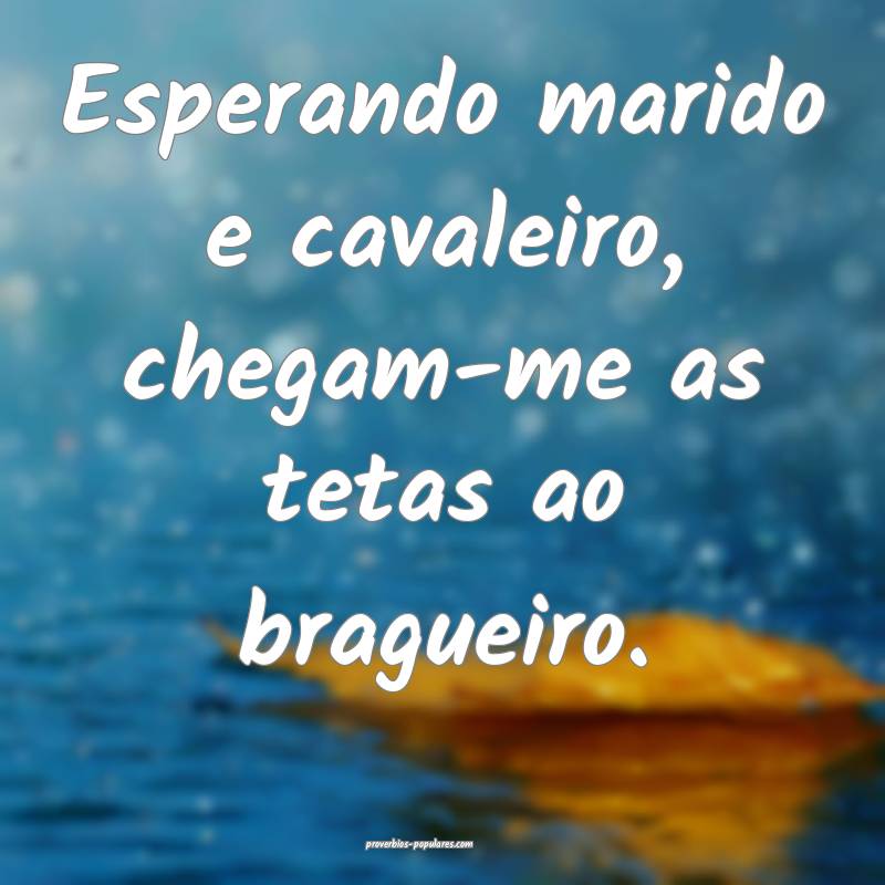 Esperando marido e cavaleiro, chegam-me as tetas ao bragueiro.
...